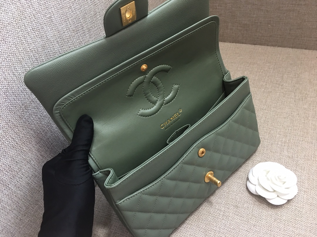 Medium Classic Flap Caviar Bag A01112 Gray Green/Gold